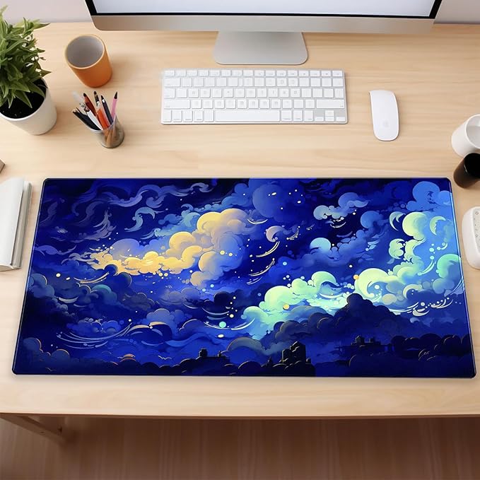 XL Gaming Desk Pad Kawaii Dark Blue Clouds Design, Non-Slip Surface & Stitched Edges, 31.5x15.7 in - Cute Aesthetic for Office or Gaming Setup