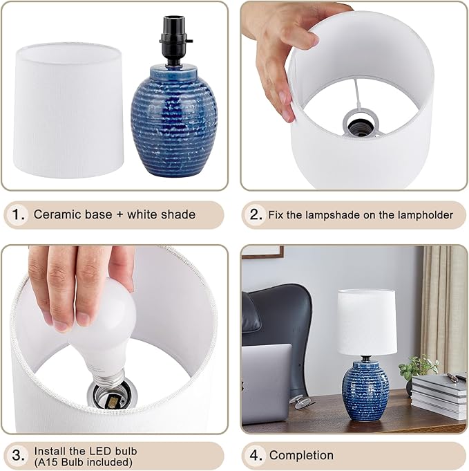 EJIAXIN Small Bedside Lamps -13.75" Farmhouse Table Lamps - Classic Ceramic Table Lamp for Bedroom, Living Room, Nightstand, Office, Side Desk Lamp, End Table