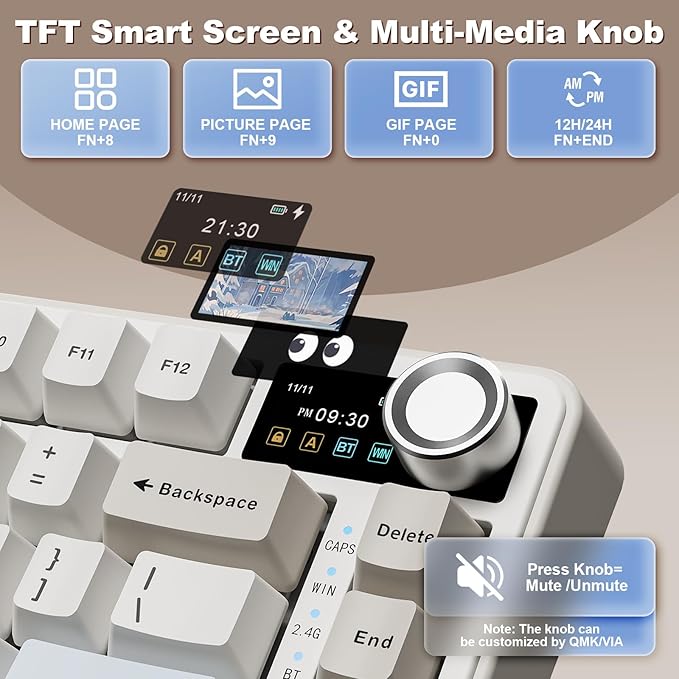 YUNZII B75 PRO MAX QMK/VIA Wireless Mechanical Keyboard,75% Layout with Screen and Knob,Custom Hot Swap Gasket,Creamy Pre-lubed Switches,Bluetooth/Type-C/2.4G for Win/Mac (Beige,Cocoa Cream V2 Switch)
