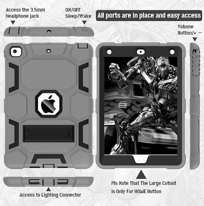 CCMAO Case for iPad 6th/5th Generation (9.7-inch, 2018/2017), iPad Air 2nd Generation Case (2014) with Kickstand, Hybrid Shockproof Protective iPad 9.7 Case, Gray+Black