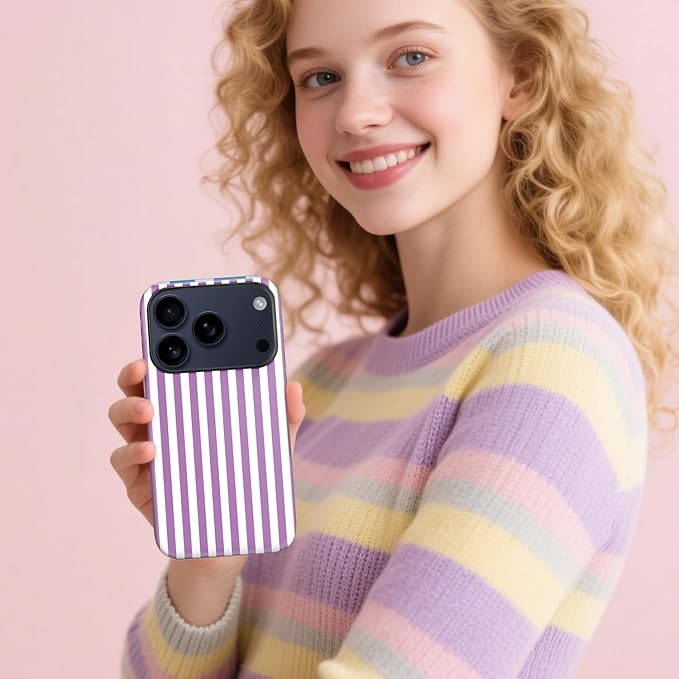 Magnetic for iPhone 17 Pro Case Cute Stripes Phone Case, Shockproof Slim TPU and Hard PC Protective Phone Cover Compatible with MagSafe Designed for Women Girls, Purple