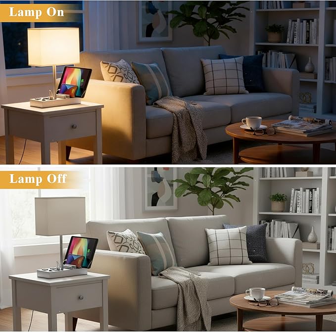 Briever Upgraded 3 USB Table Lamp with 2 USB A & C Charging Ports, Bedside Desk Lamp with 2 AC Outlets and Wooden Phone Stand Organizer, Nightstand Lamp for Bedroom, Living Room, Office, Silver Base