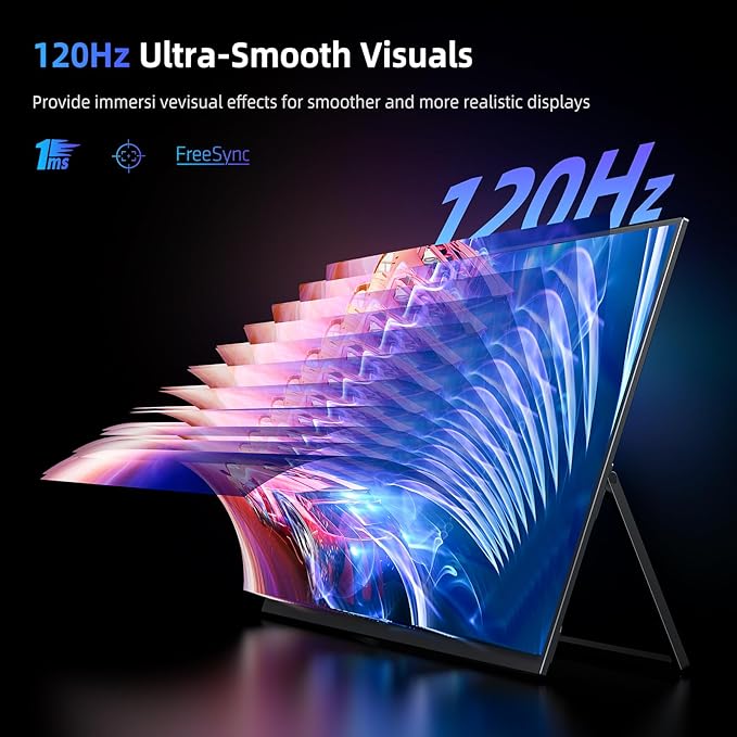 Portable Monitor 18.5” | 120HZ 1ms Gaming Monitor | 125% sRGB | FreeSync, HDR | 350Nits | USB-C & HDMI | VESA & Stand | Large Travel External Second Screen for Laptop, Computer, Game Consoles