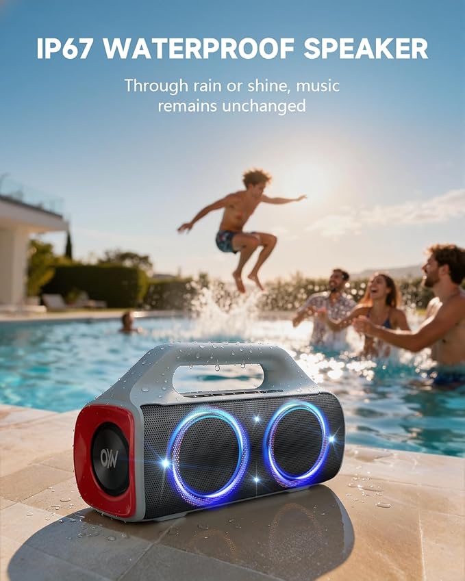 IPX67 Waterproof Bluetooth Speaker:80W(Peak) Loud Outdoor Portable Wireless Party Speakers with LED Lights,20H Playtime,Bluetooth 5.3,Deep Bass & TWS for Pool,Beach