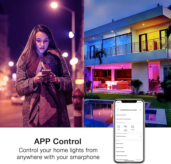 DAYBETTER Smart Light Bulbs, Alexa Light Bulb, WiFi Light Bulbs, RGBCW Color Changing Light Bulb A19 9W 800LM, Smart Bulbs That Work with Alexa & Google Assistant, Music Sync, No Hub Required, 12 Pack