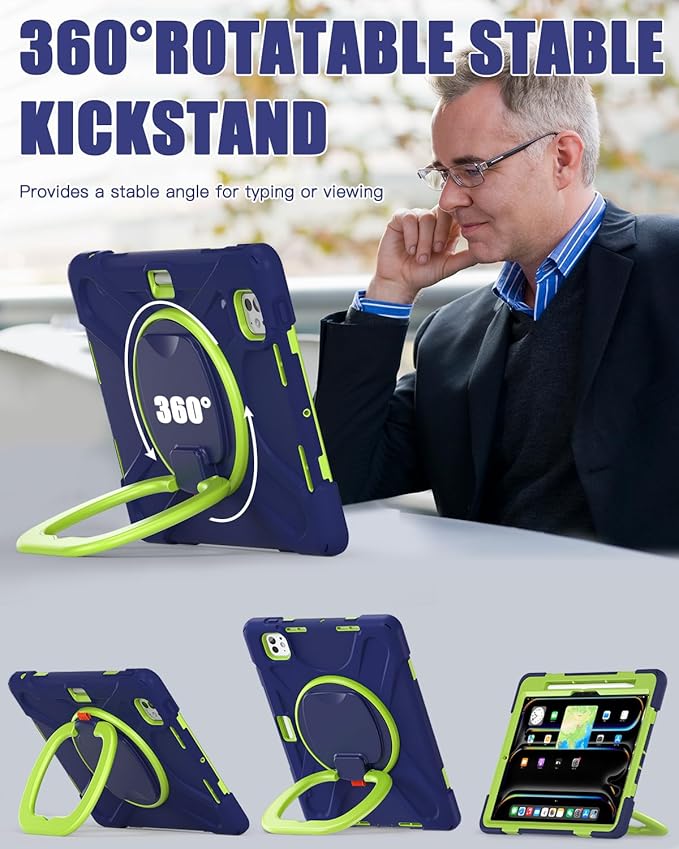 BRAECN for iPad Pro 11 Inch Case (M5/M4) 2025/2024, Shockproof Silicone Cover with Built-in Screen Protector, Multiple Adjustable Viewing Angles, Shoulder Strap, Handle Grip, Pencil Holder, Navy Green