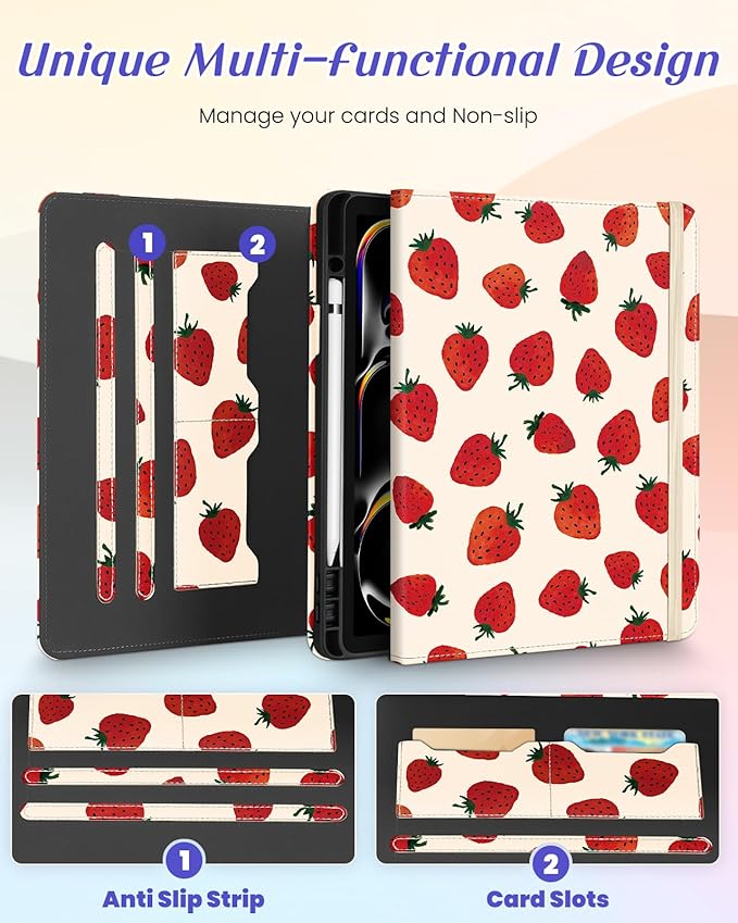 Kidcube for iPad Pro 13 Inch Case M4 2024 - Women Girls Kids Cute Rotating Stand Folio Cover with Pencil Holder & Card Slot Pretty Strawberry Design for iPad Pro 13 Inch Case 2024 (A2925 A2926 A3007)