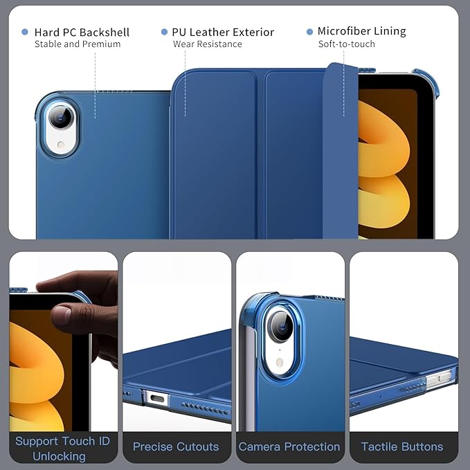 MoKo for iPad mini 7 (A17 Pro) Generation Case 2024, iPad mini 6 Case 2021, 8.3-inch Slim Lightweight Protective Hard Back PC Shell Stand Cover Support Touch ID, Auto Wake/Sleep, Navy Blue