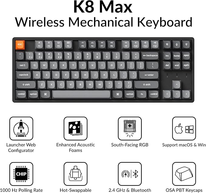 Keychron K8 Max TKL Wireless Mechanical Keyboard, QMK 2.4 GHz/Bluetooth 5.1/Wired with Aluminum Frame, RGB Backlit Hot-Swappable Programmable Keychron Super Banana Switch for Mac Windows Linux