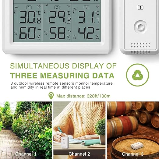 KeeKit Indoor Outdoor Thermometer, Digital Hygrometer Meter Gauge with 3 Wireless Sensors, Temperature Humidity Monitor with LCD Backlight, Min/Max Record for Home, Office, Restaurants, Bars, Café