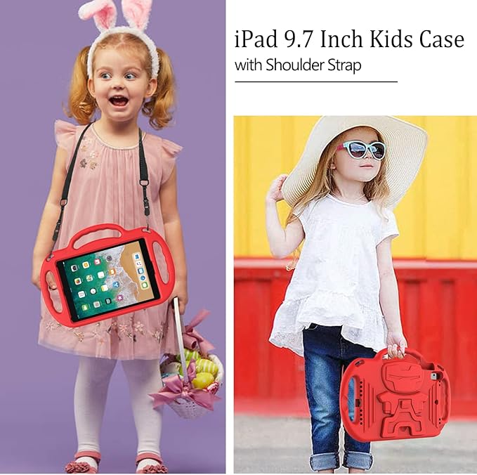LTROP iPad 6th Generation Case, 9.7 iPad Case 2018, iPad 9.7-Inch Case - Light Weight Shock Proof Handle Stand Shoulder Strap Kids Case for 9.7 inch iPad 6th Gen/ 5th Gen/Air 2/ Air - Red