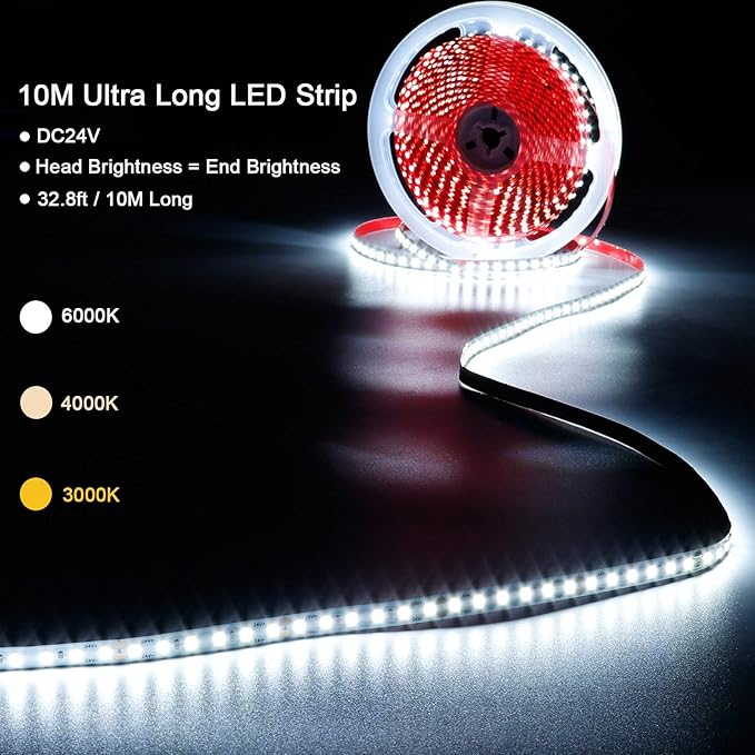 DC 24V 32.8ft(10M) LED Strip Light Natural White 4000K 1200LEDs 2835 SMD 90W High Brightness 7200LM No-Waterproof IP20 Flexible Ribbon for Hallways Stairs Decoration Lighting(No Power Supply)