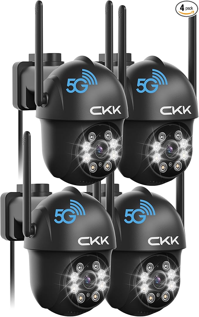 CKK 2K Security Camera Outdoor Corded Power, 4 Pcs 3MP PTZ WiFi Home Security Camera - 2.4G/5G Dual-Band, 360° Pan-Tilt, Color Night Vision, Motion Alerts, 2-Way Audio, 24/7 Recording, Waterproof