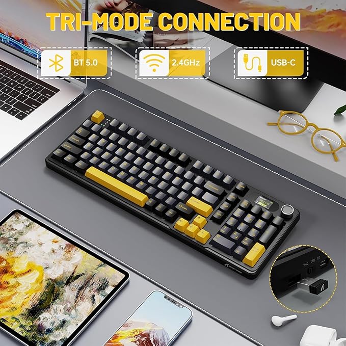 MAMBASNAKE Attack Shark X98 Pro Wireless Mechanical Keyboard with Screen & Knob, 2.4G/USB-C/BT5.0 Gasket Hot Swappable Creamy Keyboard102 Keys, Web Driver RGB Gaming Keyboard for PC/Mac/PS4/Xbox