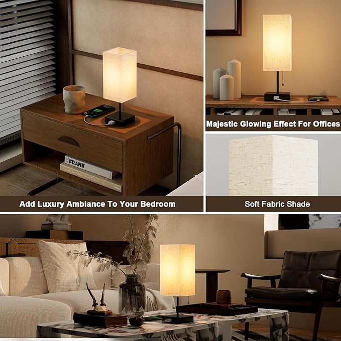 YIDPU Table Lamp for Bedroom,Nightstand Lamp for Bedside with AC Outlets,Adjustable 3color LED Light Desk Lamp for Home Decor,Included Bulb and Lamp Shade (Linen White-onlyAC, 1PCS)