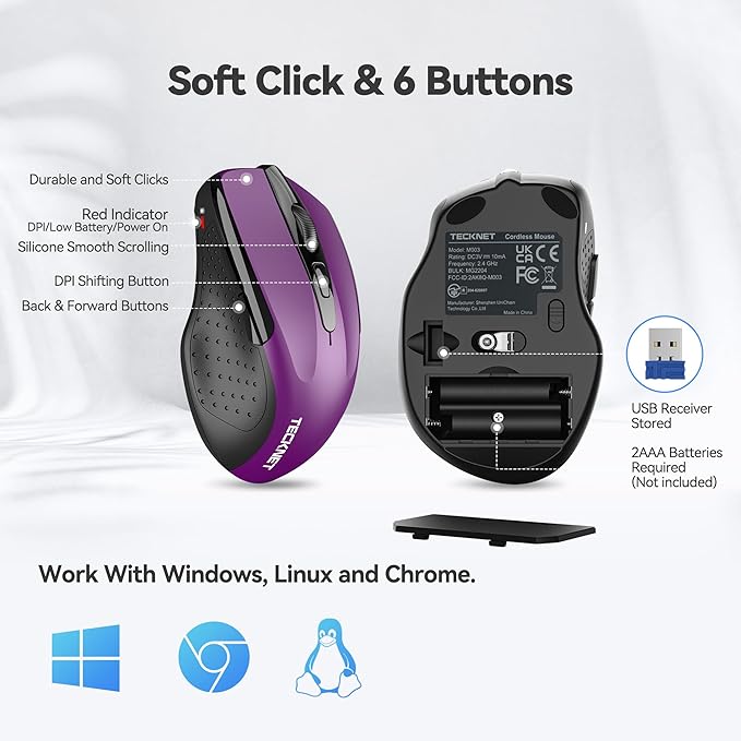 TECKNET Wireless Mouse for Laptop, Silent Mouse Quiet Click, Computer Mice Wireless, 6 Adjustable 4000 DPI Computer Mice - Purple