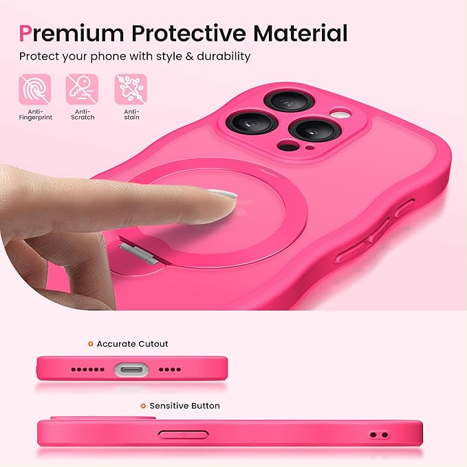 CAPRARO for iPhone 13 Pro Max Case with 360° Spin Magnetic Stand for Women, [Compatible with MagSafe] [Full Camera Protection] Cute Wave Translucent Matte Case for iPhone 13 Pro Max, Hot Pink