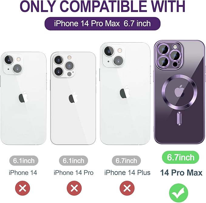 Hython Magnetic Clear for iPhone 14 Pro Max Case with Camera Lens Protector [Compatible with MagSafe] Plating Edge Slim Soft TPU Cover Protective Phone Case for iPhone 14 Pro Max 6.7", Deep Purple