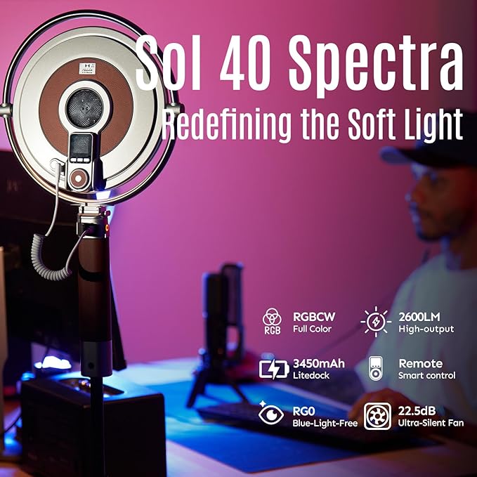 Harlowe Sol 40 Spectra LED Light Panel, 40W RGBCW 36,000-Color 2700K-6500K Professional Key Light with Litedock for Streaming, Video Recording, Zoom Meeting, Wireless Remote and App Control