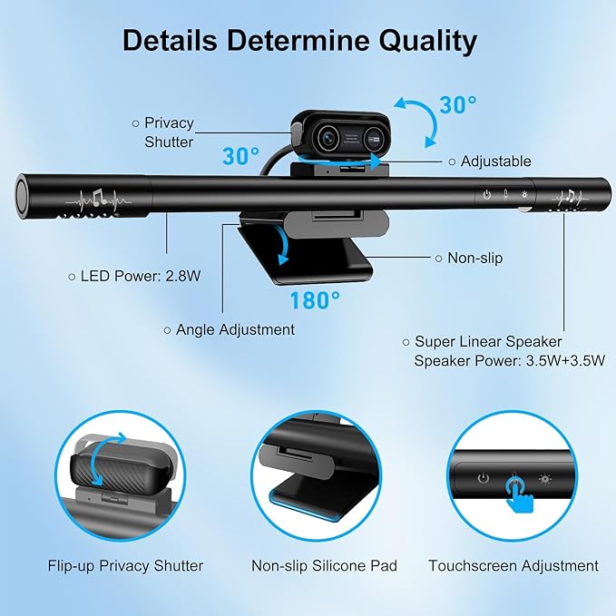 4K Webcam for PC with Microphone&Light,4-in-1 Web Cam with Speaker,Dual Noise-Canceling Mics, Privacy Shutter Computer Camera HDR Auto Light Correction USB Plug-and-Play for Zoom, Teams, Twitch