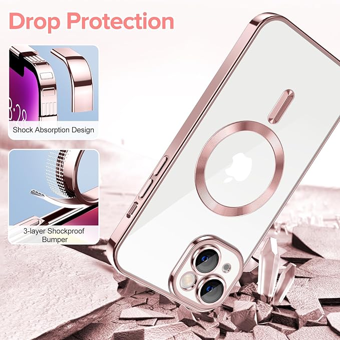 Hython Magnetic Clear for iPhone 14 Case with Camera Lens Protector [Compatible with MagSafe] Luxury Plating Edge Slim Soft TPU Cover Protective Phone Case for iPhone 14 6.1", Pink