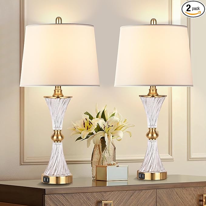 Hamucd Touch Table Lamps for Bedroom Set of 2 Modern Living Room 3 Way Dimmable Gold Glass Bedside Nightstand Lamp for End Table with 2 USB Charging Port,2 Bulbs Included
