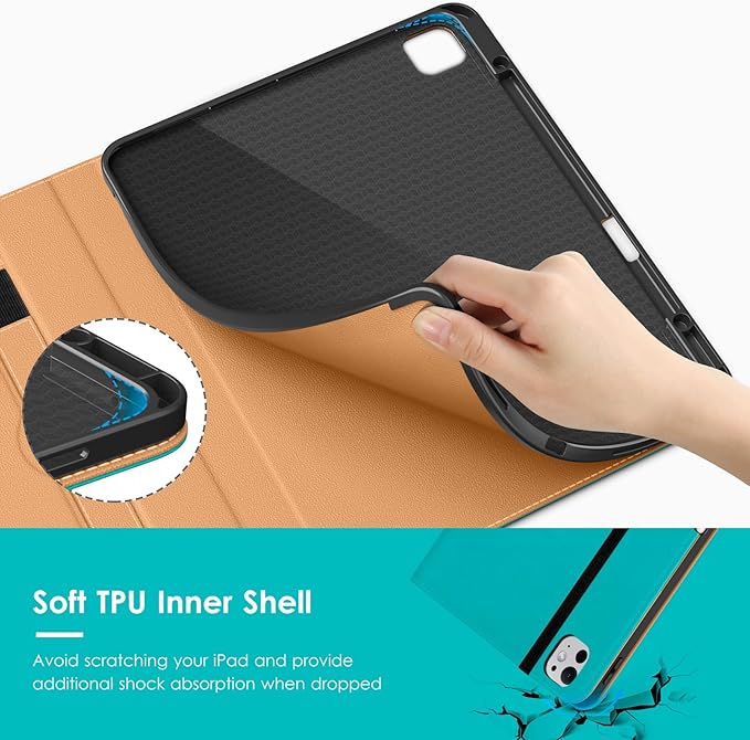 VIKESI Case for iPad Pro 13 (M4) 2024, Leather Stand Cover with Apple Pencil Holder, Auto Wake/Sleep, Multiple Viewing Angles, Built in Hand Strap & Pocket, Cyan Blue