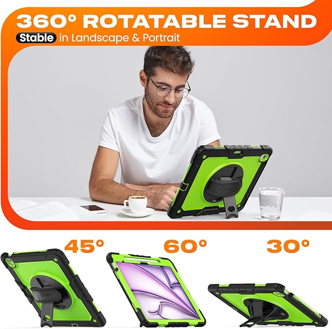 SEYMAC stock Case for iPad Air 13-inch M4-M2 2026-2024 (Gen 8-6), Shockproof Heavy Duty Case with Screen Protector, Pencil Holder, Rotating Stand, Hand Strap, Shoulder Strap, Green