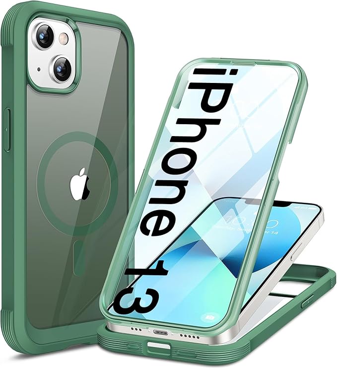 Miracase for iPhone 13 Case 6.1'', [Bubble Free] Full-Body Bumper Phone case with Built-in Full Glass Screen,No Gap,Compatible with MagSafe,Green