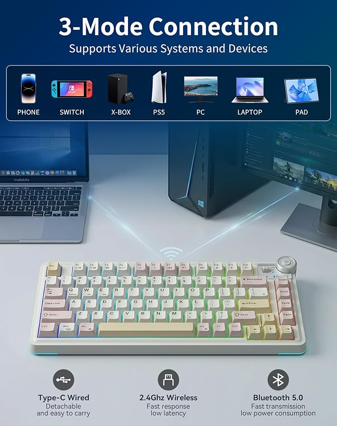 Aula AU75 Wireless Mechanical Keyboard, Hot Swap Gasket Gaming Keyboard with Knob, BT/2.4G/Wired Custom Keyboard, 4000mAh Battery, 75% Five-Layer Padding PBT Keycaps, RGB Side-Strip for Win/Mac/PC