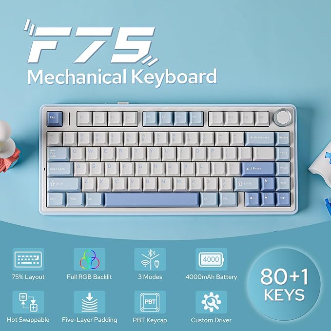 EPOMAKER x Aula F75 Gasket Mechanical Keyboard, 75% Wireless Hot Swappable Gaming Keyboard with Five-Layer Padding&Knob, BT/2.4GHz/USB-C, RGB (Sea Salt Blue, Ice Vein Switch)
