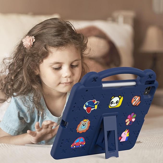 Kids Case for iPad Air 13 inch M3 2025/M2 2024,iPad Pro 13 inch M4 2024 & iPad Pro 12.9 inch Case 6th/5th/4th/3rd Gen 2022 2021 2020 2018 with Stand/Pencil Holder/Handle, Navy Blue Bear