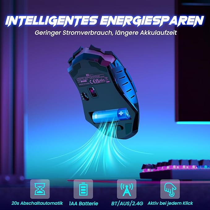RisoPhy PC400 Wireless Gaming Mouse with 8000 DPI, 2.4G & Bluetooth Dual Mode Connection - Ergonomic Design, 7 Programmable Buttons, RGB backlighting, Precision Sensor for PC and Gaming