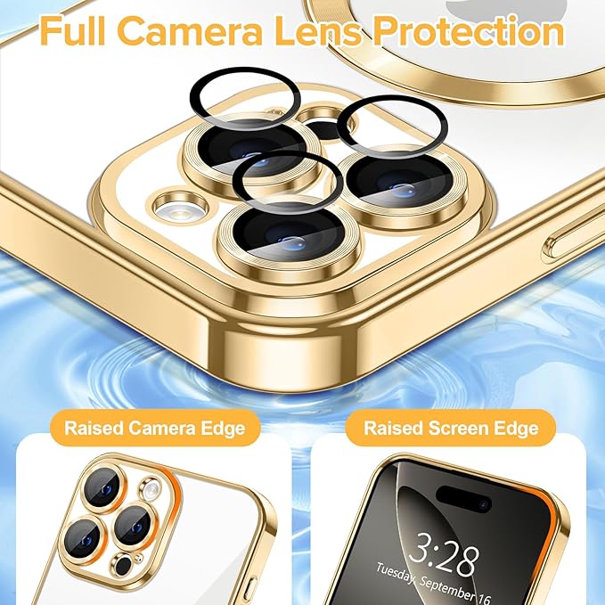 Hython Magnetic Clear for iPhone 16 Pro Max Case with Camera Lens Protector [Compatible with MagSafe] Plating Edge Slim Soft TPU Cover Protective Phone Case for iPhone 16 Pro Max 6.9", Gold