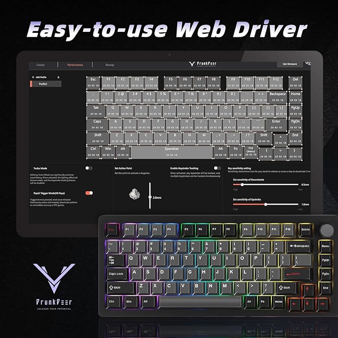 DrunkDeer A75 Pro Rapid Trigger Silent Magnetic Switch Mechanical GamingKeyboard ANSI Adjustable Actuation HE Hall Effect RGB PBT Keycap 75% TKL 82Keys Wired Cherry Profile USB with Knob