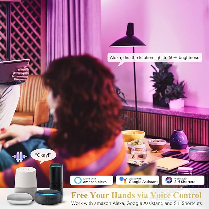 DiCUNO Smart Light Bulbs, Full Color Changing Bulb, Compatible with Alexa, Google Assistant, No Hub Required, RGBCW Multicolor Dimmable Smart LED WiFi Bluetooth A19 E26 9W 800LM Lights, 4-Pack