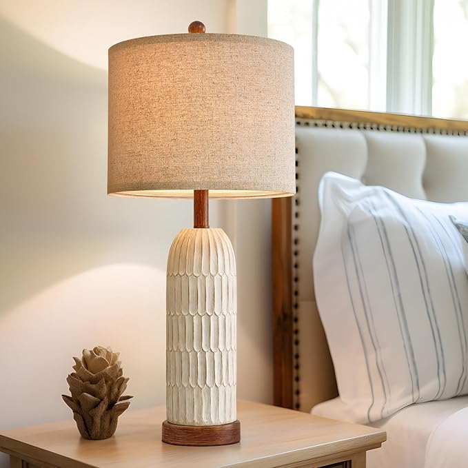 OYEARS 26.5" Bedside Table Lamps Set of 2, Farmhouse Table Lamp with USB A+C Charging Ports,Vintage Nightstand Lamp for Bedrooms and Living Rooms, Retro Resin End Table Lamp with Linen Shade, Brown
