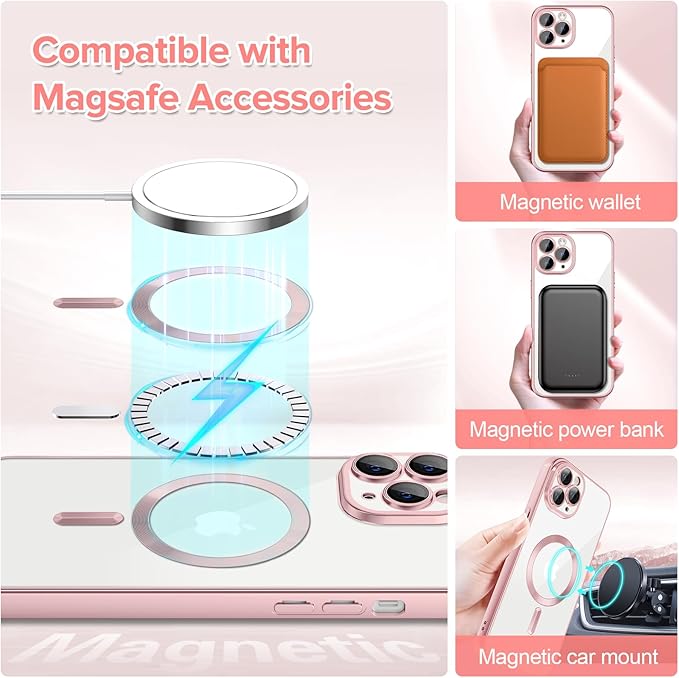 Hython Magnetic Clear for iPhone 11 Pro Case with Camera Lens Protector [Compatible with MagSafe] Luxury Plating Edge Slim Soft TPU Cover Protective Phone Case for iPhone 11 Pro 5.8", Matte Pink