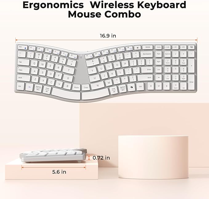 MEETION Wireless Ergonomic Keyboard, S-Curve Design Split Keyboard, 2.4G USB-A & Dual Bluetooth Keyboards, Slim Low-Profile Keys, Type-C Rechargeable, Full-Size Layout for Windows/Mac/PC/Laptop, White