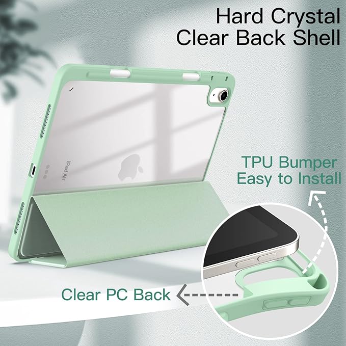 JETech Case ONLY for iPad Air 11-Inch M4/M3/M2 (2026/2025/2024), iPad Air 5/4 (2022/2020 5th/4th) with Pencil Holder, Clear Transparent Back Slim Stand Shockproof Tablet Cover (Green)