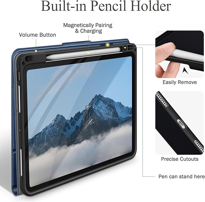 auaua Case for iPad Pro 13 Inch (M5/M4) 2025/2024, with Pencil Holder and Pocket, Multiple Viewing Angles, Magnetic Closure, Auto Sleep/Wake (Blue)