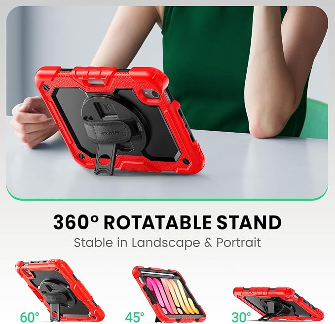 SEYMAC Kids Case for iPad mini 7 (A17 Pro) 2024/ Mini 6 8.3″, Full-Body Shockproof Protective Case with Screen Protector, Rotating Stand, Hand/Shoulder Strap for iPad mini 7th/ 6th Generation, Red