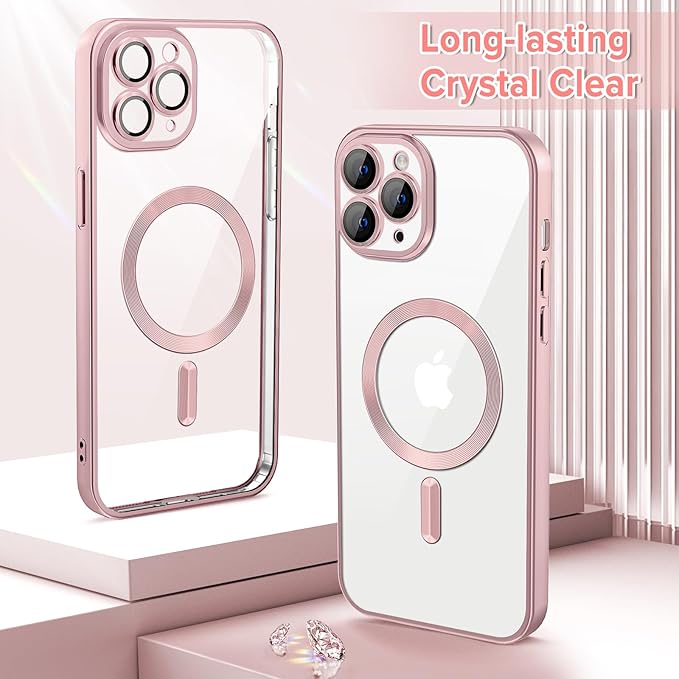 Hython Magnetic Clear for iPhone 11 Pro Case with Camera Lens Protector [Compatible with MagSafe] Luxury Plating Edge Slim Soft TPU Cover Protective Phone Case for iPhone 11 Pro 5.8", Matte Pink