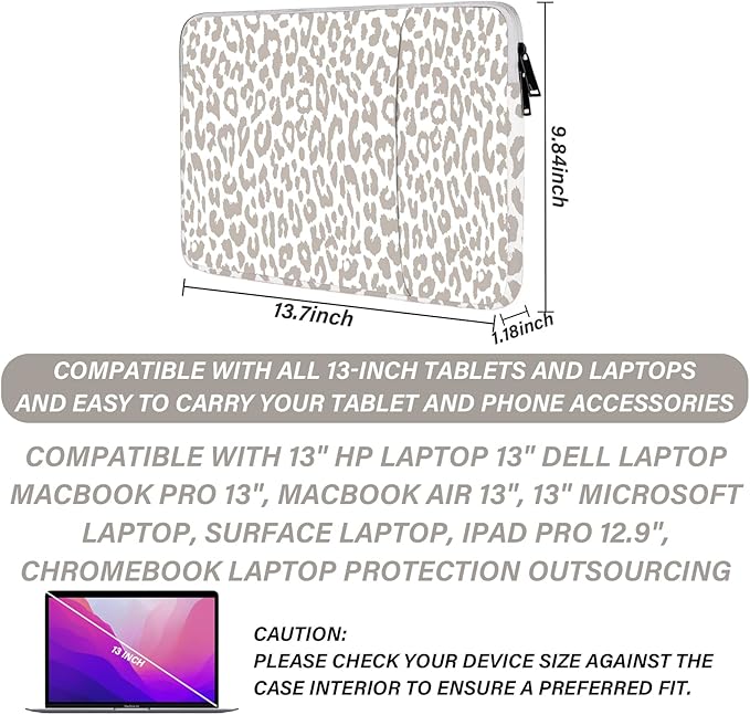 13-14 Inch Laptop Sleeve Bag with Pocket, Water Resistant Case Compatible with MacBook Air/Pro 13,MacBook Neo 13,iPad Pro 12.9,Surface,Dell,HP,Chromebook(Grey Leopard Cheetah)