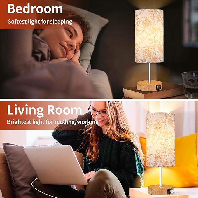 Lolikit Bedside Touch Lamp, Wood Small Table lamp with 2 USB Charging Ports & Flower Fabric Shade, 3-Way Dimmable Nightstand Lamps for Living Room Bedroom Office Reading Desk Home Dorm Pink