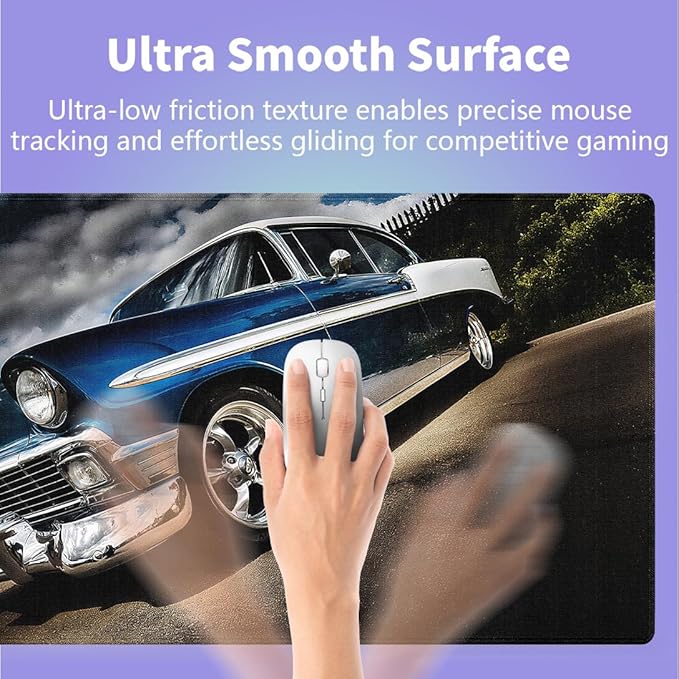 Large Gaming Mouse Pad (31.5" x 15.8") - Elegant Blue Classic Car Journeying on a Peaceful Road, Extra XXL Office Accessories, Premium Stitched Anti-Slip Office Desk Mat