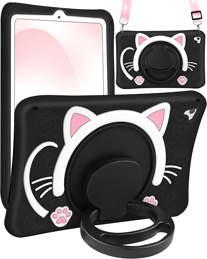 Wazzasoft for iPad 6th Generation/Air 2/ Pro 9.7 Inch Case Girls Cute Black Cat Cover Girly Kawaii with Rotating Handle Stand & Strap Silicone Funda for iPad Cases 6th Gen/Air2/Pro 9.7”
