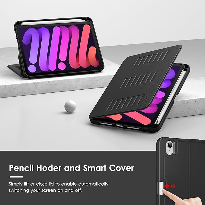 VIKESI Case for iPad mini 7 (A17 Pro) and iPad mini 6,Multiple Angles Magnetic Stand Cover,Shockproof Soft Back,Pencil Holder,and Auto Sleep/Wake,Black