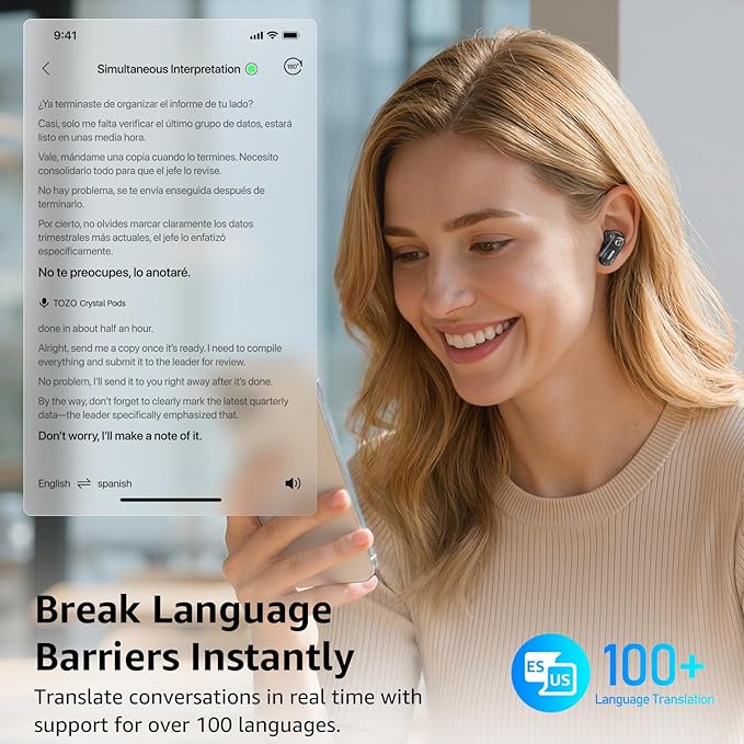 TOZO Crystal Pods Hybrid Active Noise Cancelling Wireless Earbuds, 10mm Drivers Deep Bass, 4 Mics Smart ENC AI Calls, Real-Time AI Translation, 32 EQ via App, Bluetooth 5.4, Crystal Design