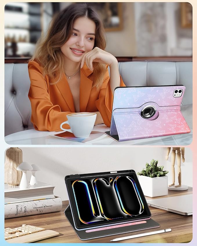 Kidcube for iPad Pro 11 Inch Case M4 2024 5th Generation - Women Girls Kid Cute Rotating Stand Folio Cover with Pencil Holder & Card Slot Kawaii Butterfly Design for iPad Pro 11'' Case 2024 M4 5th Gen